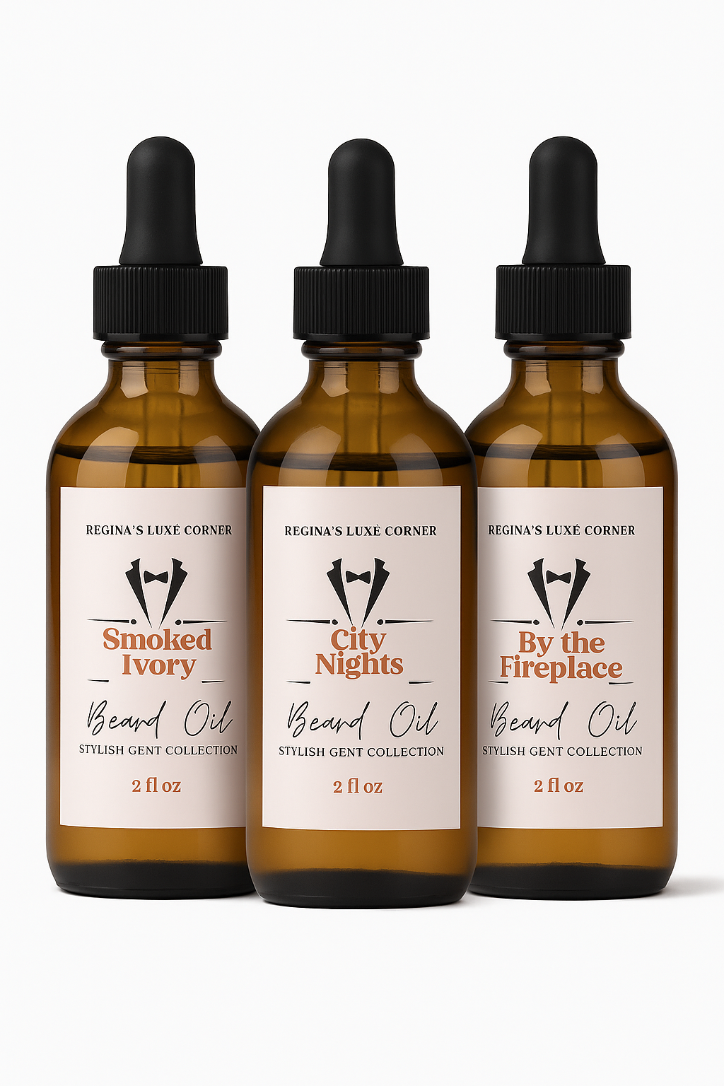 Three bottles of all-natural beard oil: Smoked Ivory, City Nights, and By the Fireplace.